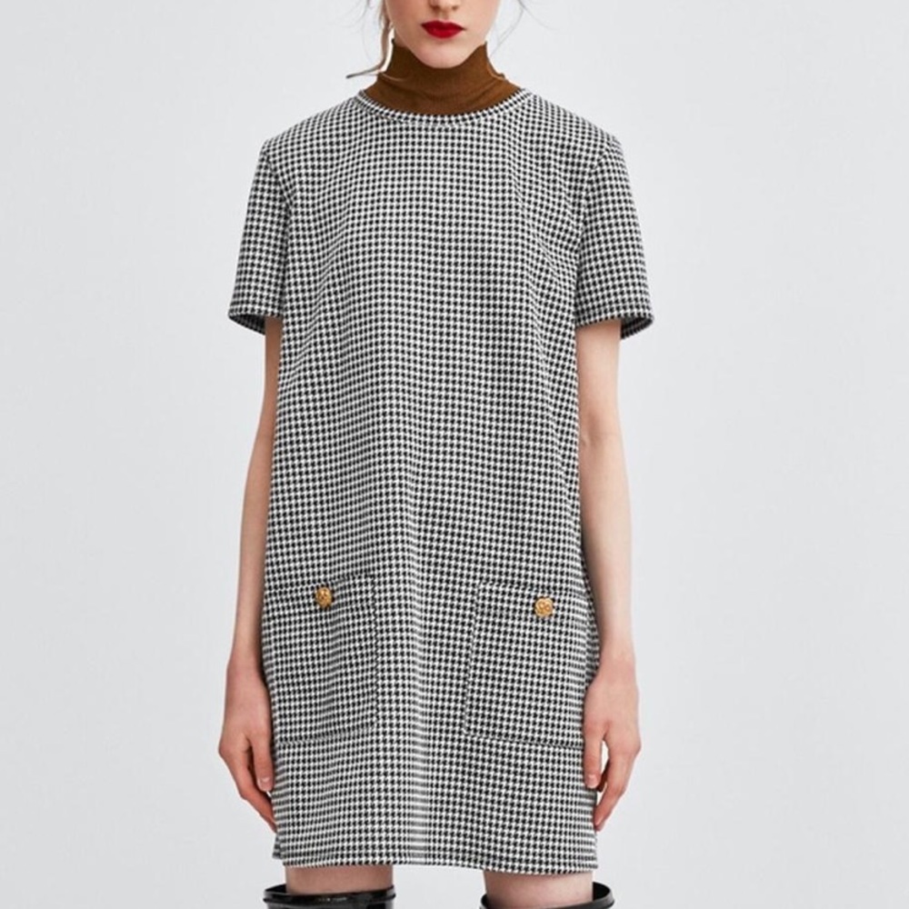 Zara Trafaluc Houndstooth Pocket Shift Dress